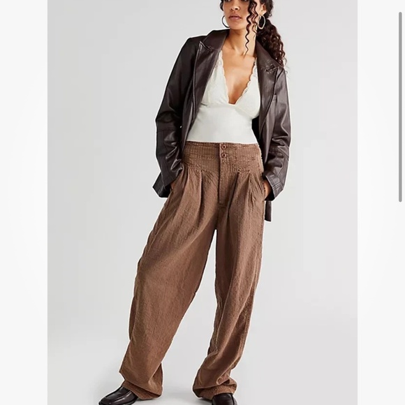 Free People Thin Line Straight Chino Pant 6 Linen Trouser Wide Leg Slouchy Brown - Picture 1 of 14
